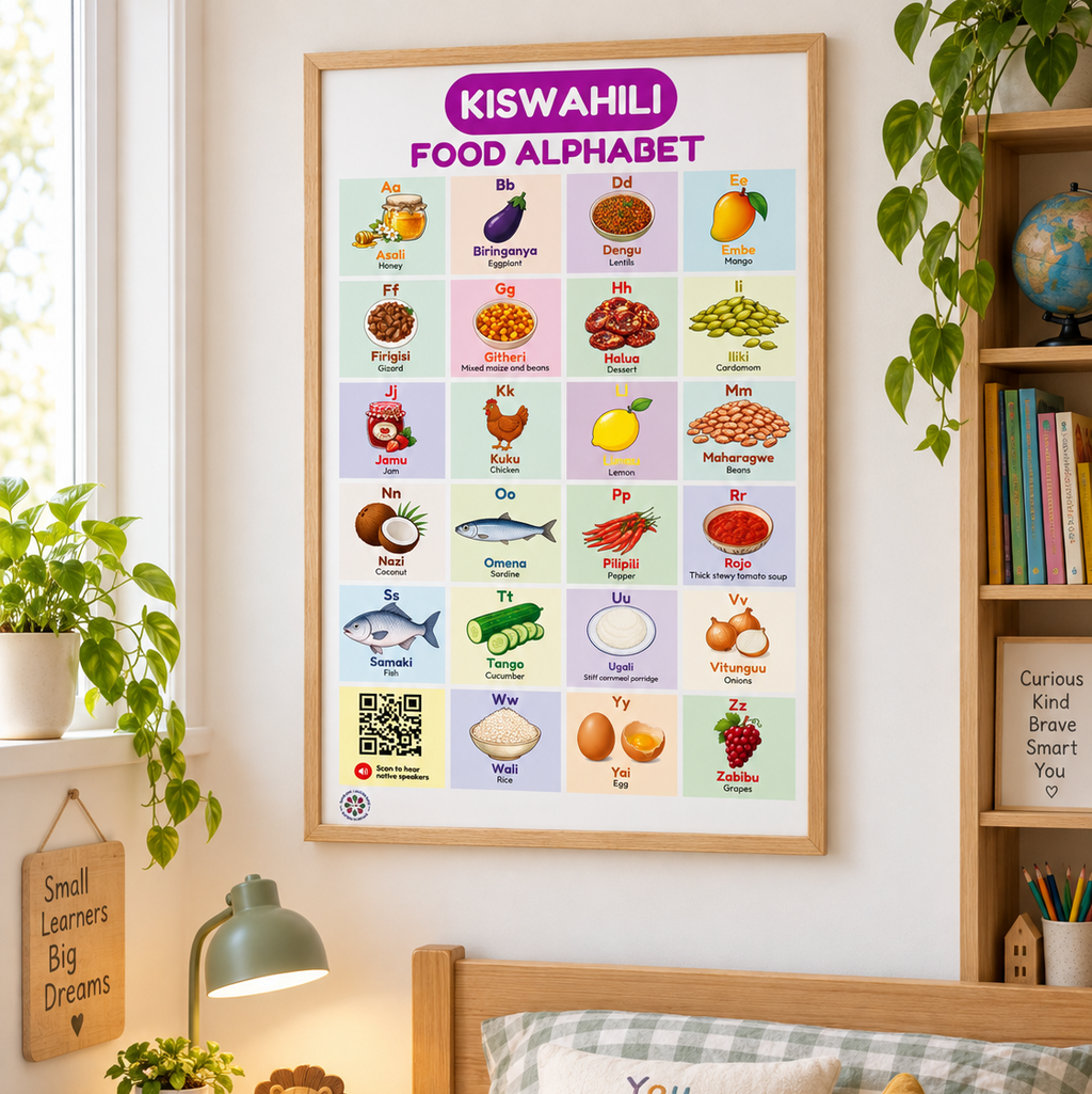 Swahili Food Alphabet Poster for Kids | Kiswahili ABC Food Chart | Native Speaker Audio | Kiswahili Language Learning Wall Poster