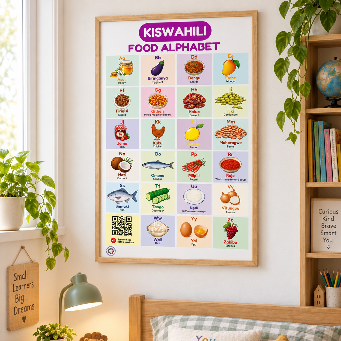 Swahili Food Alphabet Poster for Kids | Kiswahili ABC Food Chart | Native Speaker Audio | Kiswahili Language Learning Wall Poster