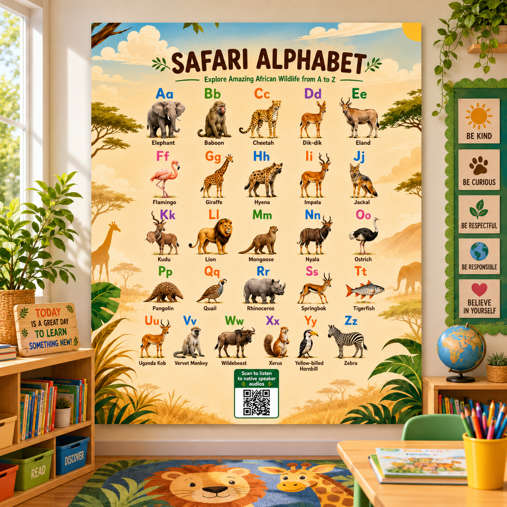 Kiswahili Alphabet Poster with QR Audio | Swahili Classroom Wall Chart for Kids | Heritage Languages Series