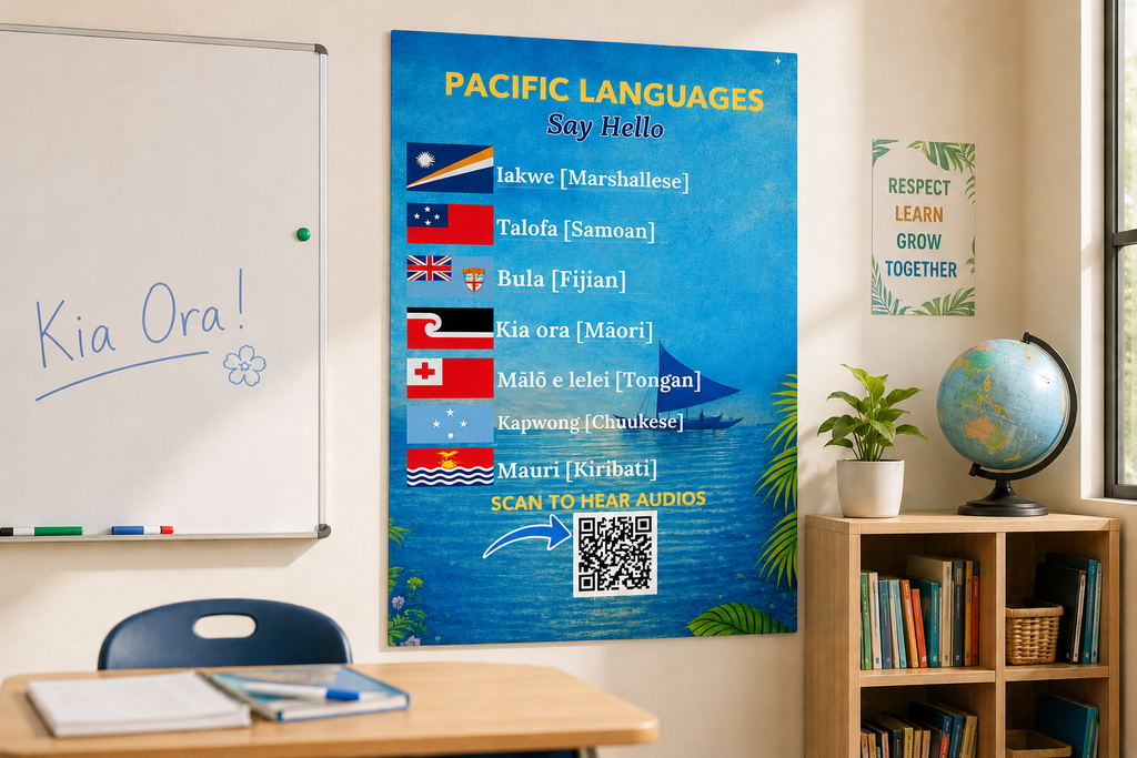 Pacific Languages Say Hello Poster | Learn Greetings in Marshallese, Samoan, Fijian, Māori, Tongan, Chuukese, Pohnpeian & Kiribati