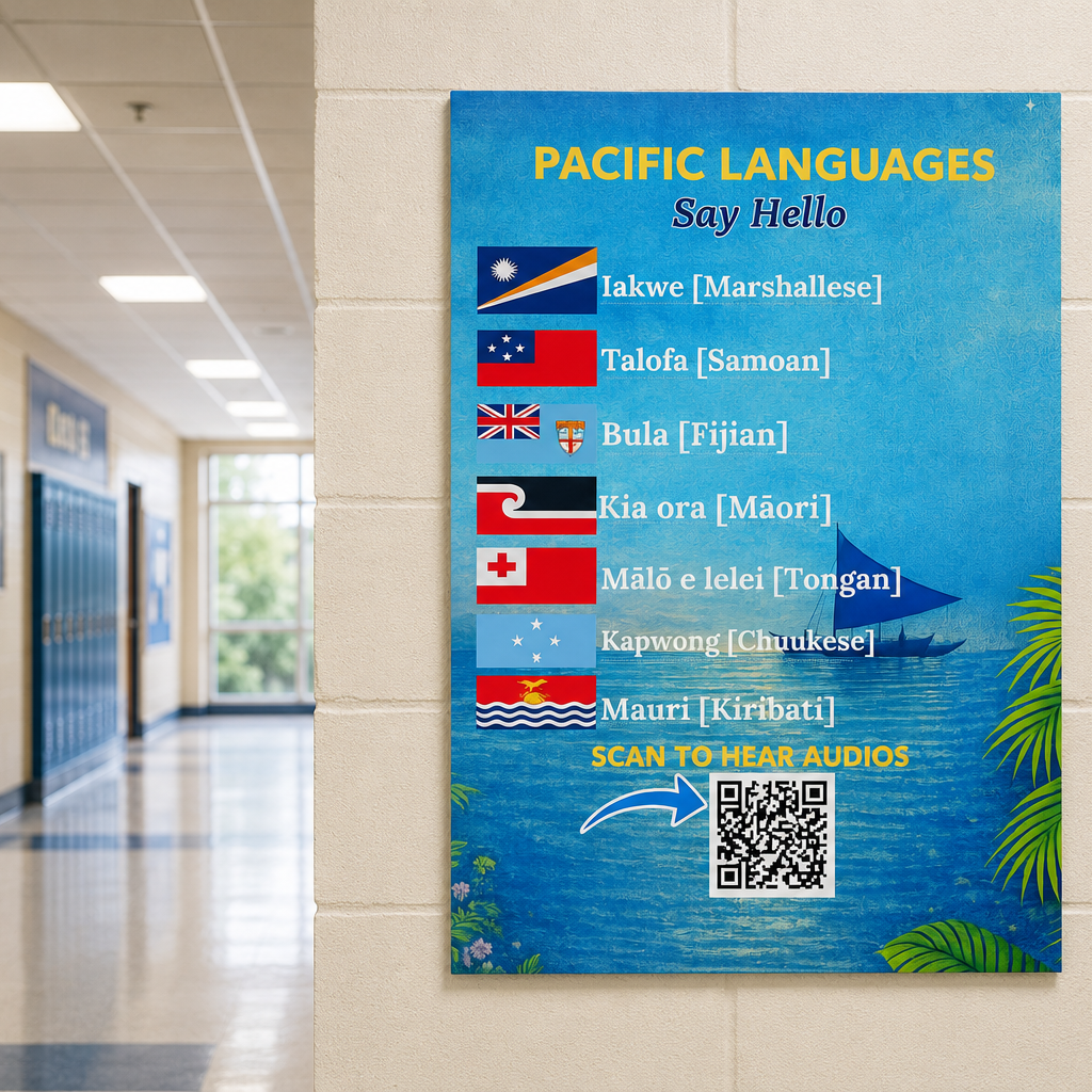 Pacific Languages Say Hello Poster | Learn Greetings in Marshallese, Samoan, Fijian, Māori, Tongan, Chuukese, Pohnpeian & Kiribati