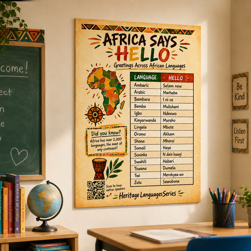 Africa Says Hello Poster | Greetings Across African Languages with Audio QR Code