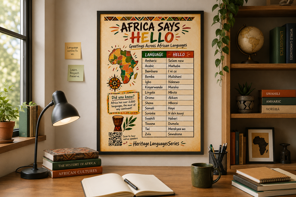 Africa Says Hello Poster | Greetings Across African Languages with Audio QR Code