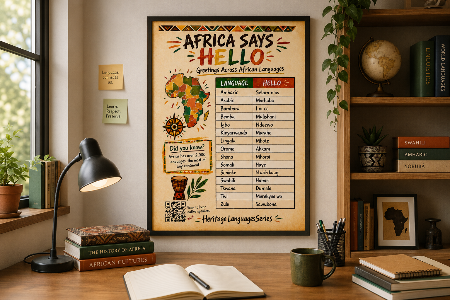 Africa Says Hello Poster | Greetings Across African Languages with Audio QR Code