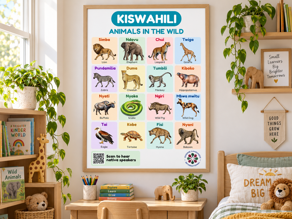 Swahili Wild Animals Flashcard Poster for Kids | Animals in the Wild | Native Speaker Audio | Kiswahili Language Learning Printable