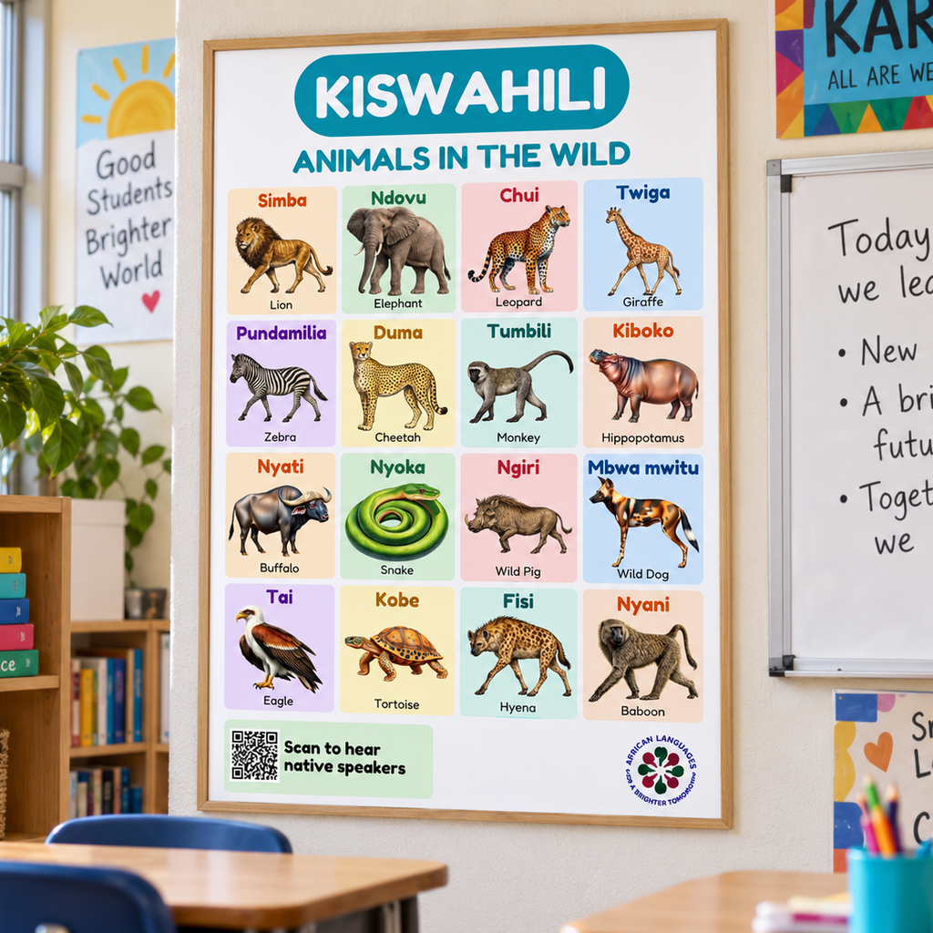 Swahili Wild Animals Flashcard Poster for Kids | Animals in the Wild | Native Speaker Audio | Kiswahili Language Learning Printable