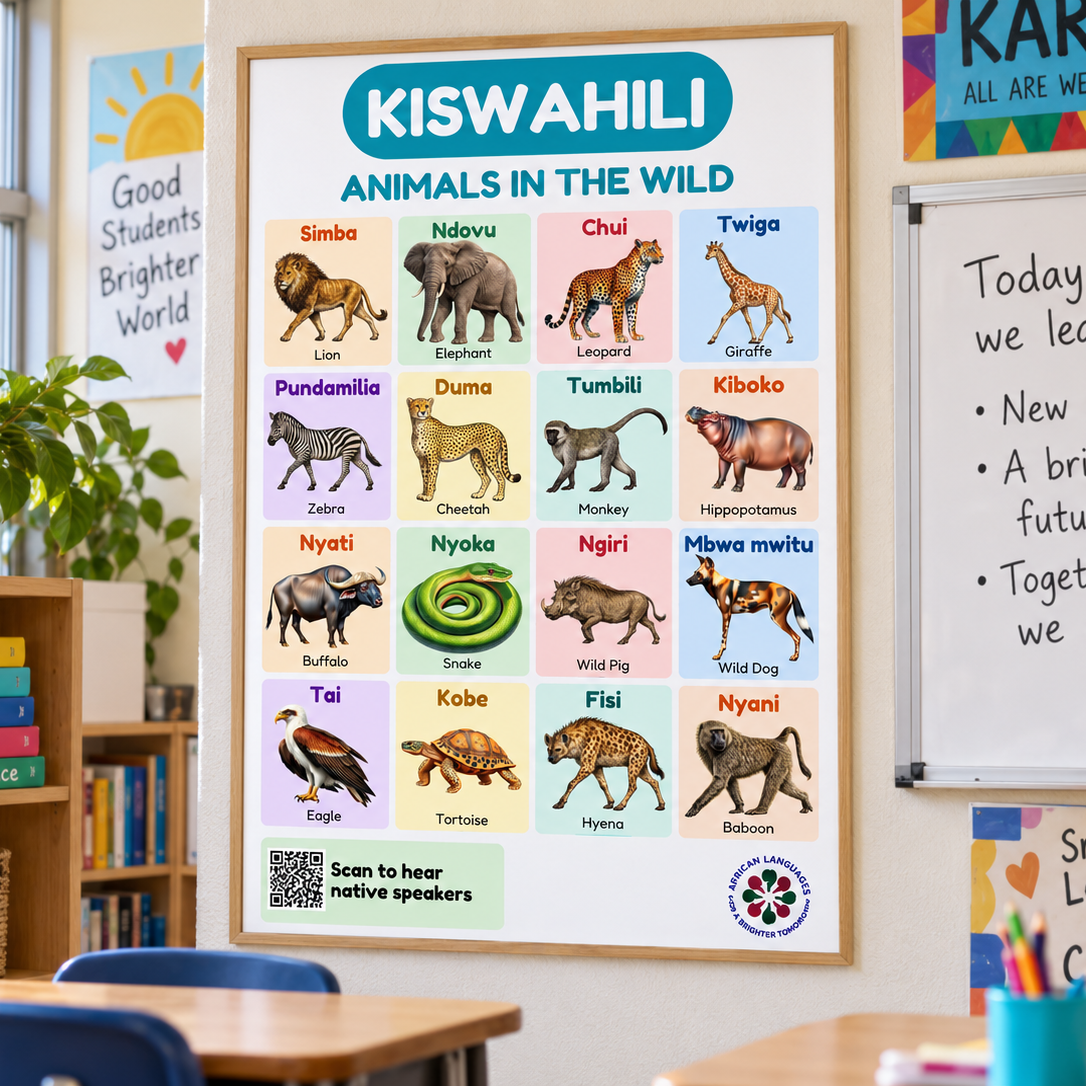 Swahili Wild Animals Flashcard Poster for Kids | Animals in the Wild | Native Speaker Audio | Kiswahili Language Learning Printable