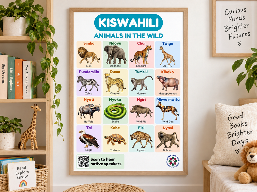 Swahili Wild Animals Flashcard Poster for Kids | Animals in the Wild | Native Speaker Audio | Kiswahili Language Learning Printable