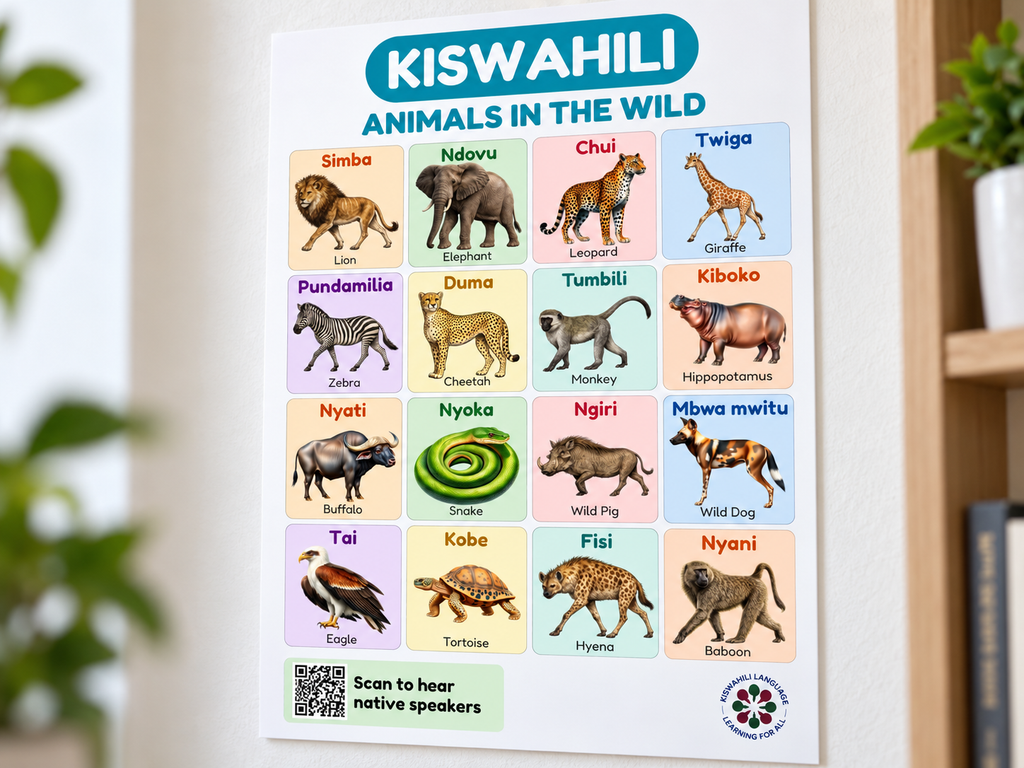 Swahili Wild Animals Flashcard Poster for Kids | Animals in the Wild | Native Speaker Audio | Kiswahili Language Learning Printable