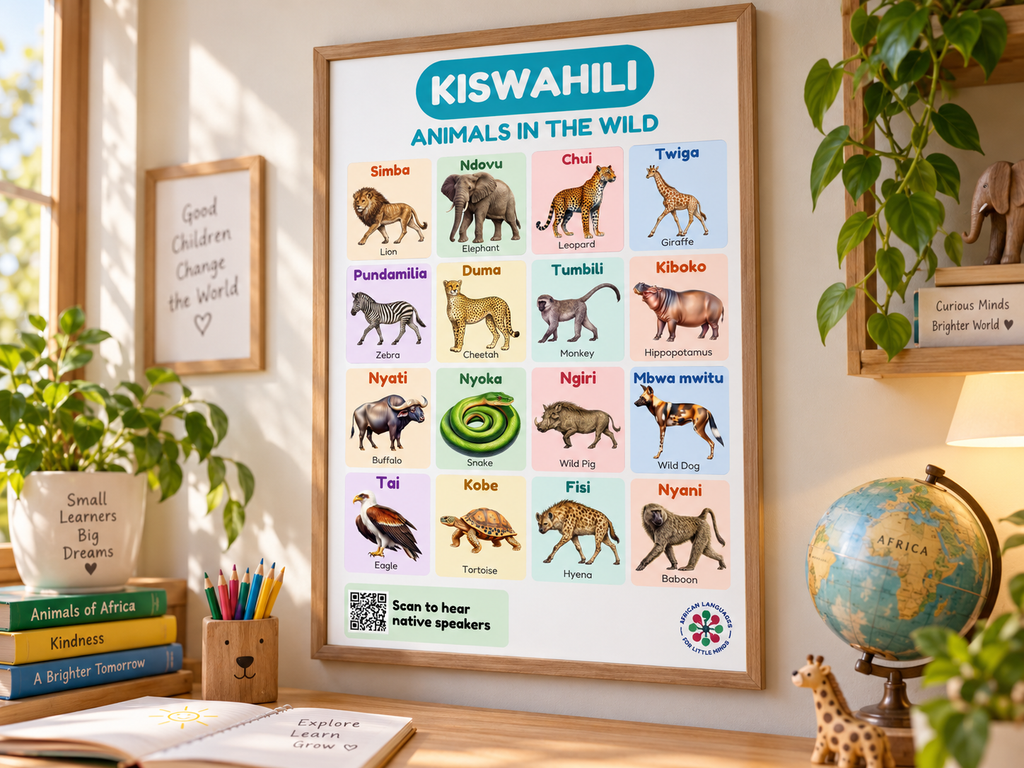 Swahili Wild Animals Flashcard Poster for Kids | Animals in the Wild | Native Speaker Audio | Kiswahili Language Learning Printable