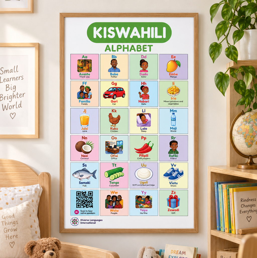 Swahili Alphabet Poster for Kids | Kiswahili ABC Chart | Native Speaker Audio | Kiswahili Language Learning Printable