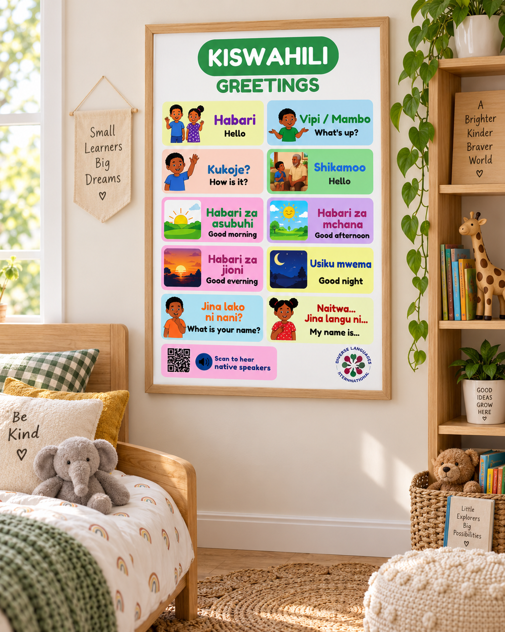 Swahili Greetings Poster for Kids | Kiswahili Hello & Conversation Chart | Native Speaker Audio | Kiswahili Language Learning Wall Poster