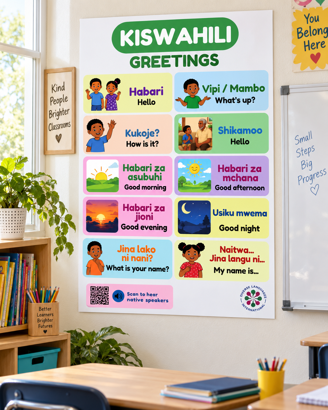 Swahili Greetings Poster for Kids | Kiswahili Hello & Conversation Chart | Native Speaker Audio | Kiswahili Language Learning Wall Poster