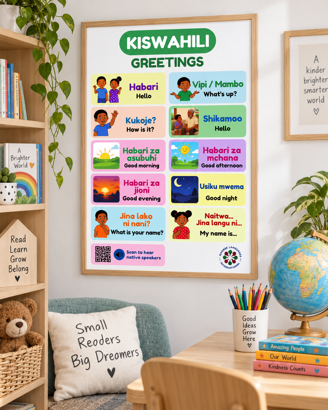 Swahili Greetings Poster for Kids | Kiswahili Hello & Conversation Chart | Native Speaker Audio | Kiswahili Language Learning Wall Poster
