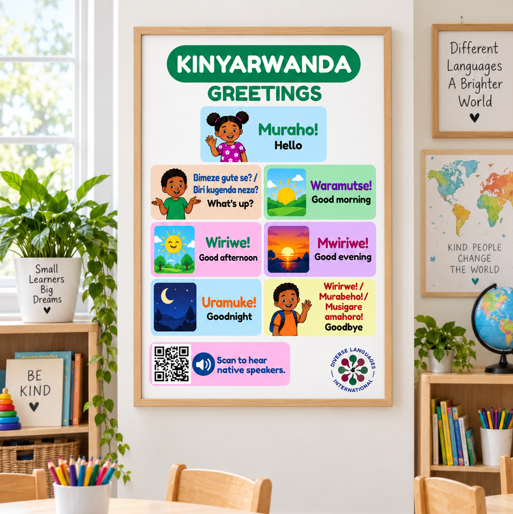 Kinyarwanda Greetings Poster with Native Speaker Audio | Rwanda Language Learning Poster for Kids & Classrooms