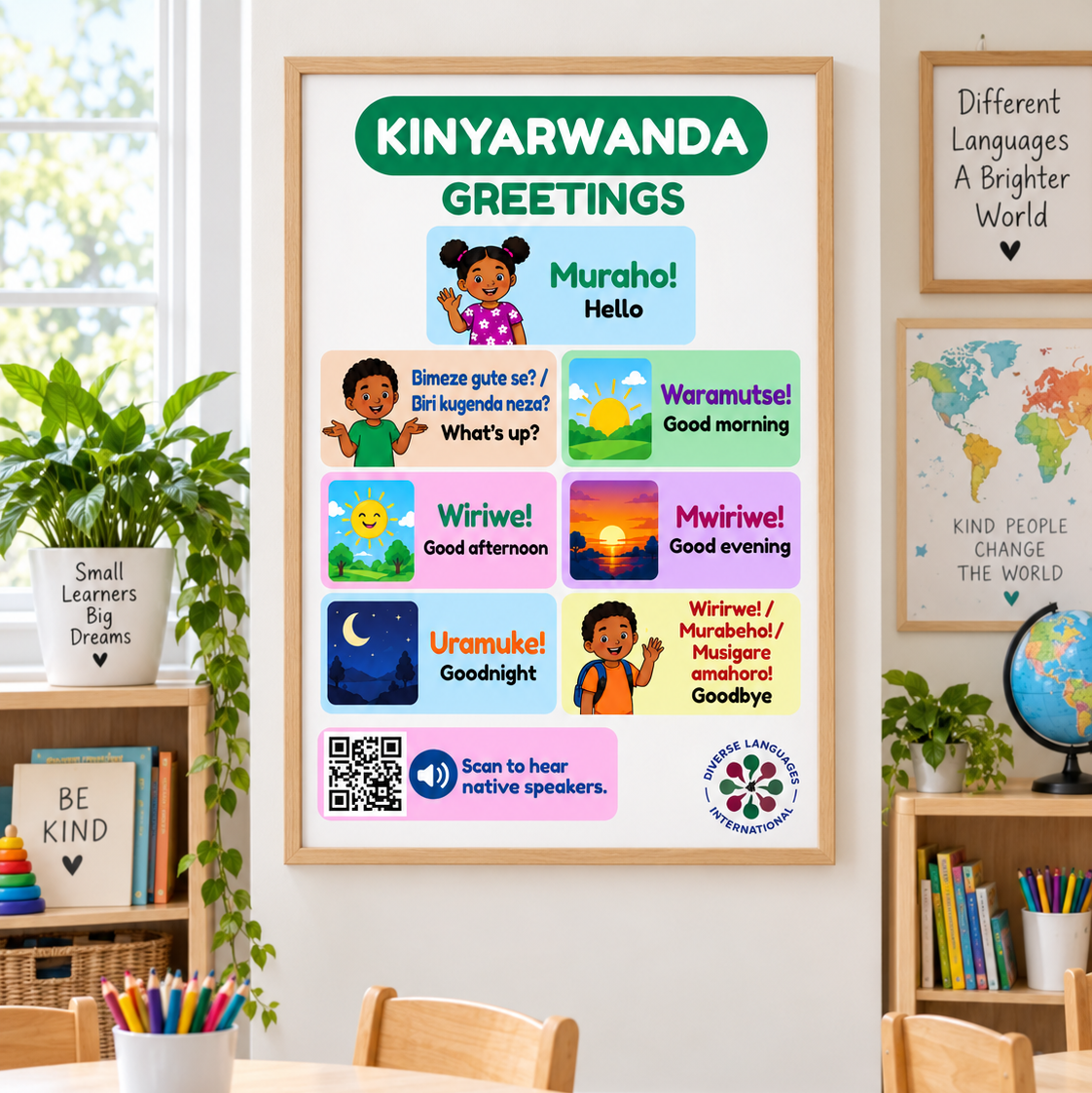 Kinyarwanda Greetings Poster with Native Speaker Audio | Rwanda Language Learning Poster for Kids & Classrooms