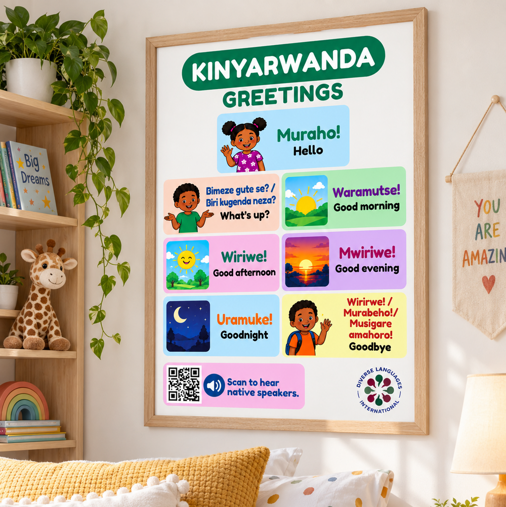 Kinyarwanda Greetings Poster with Native Speaker Audio | Rwanda Language Learning Poster for Kids & Classrooms